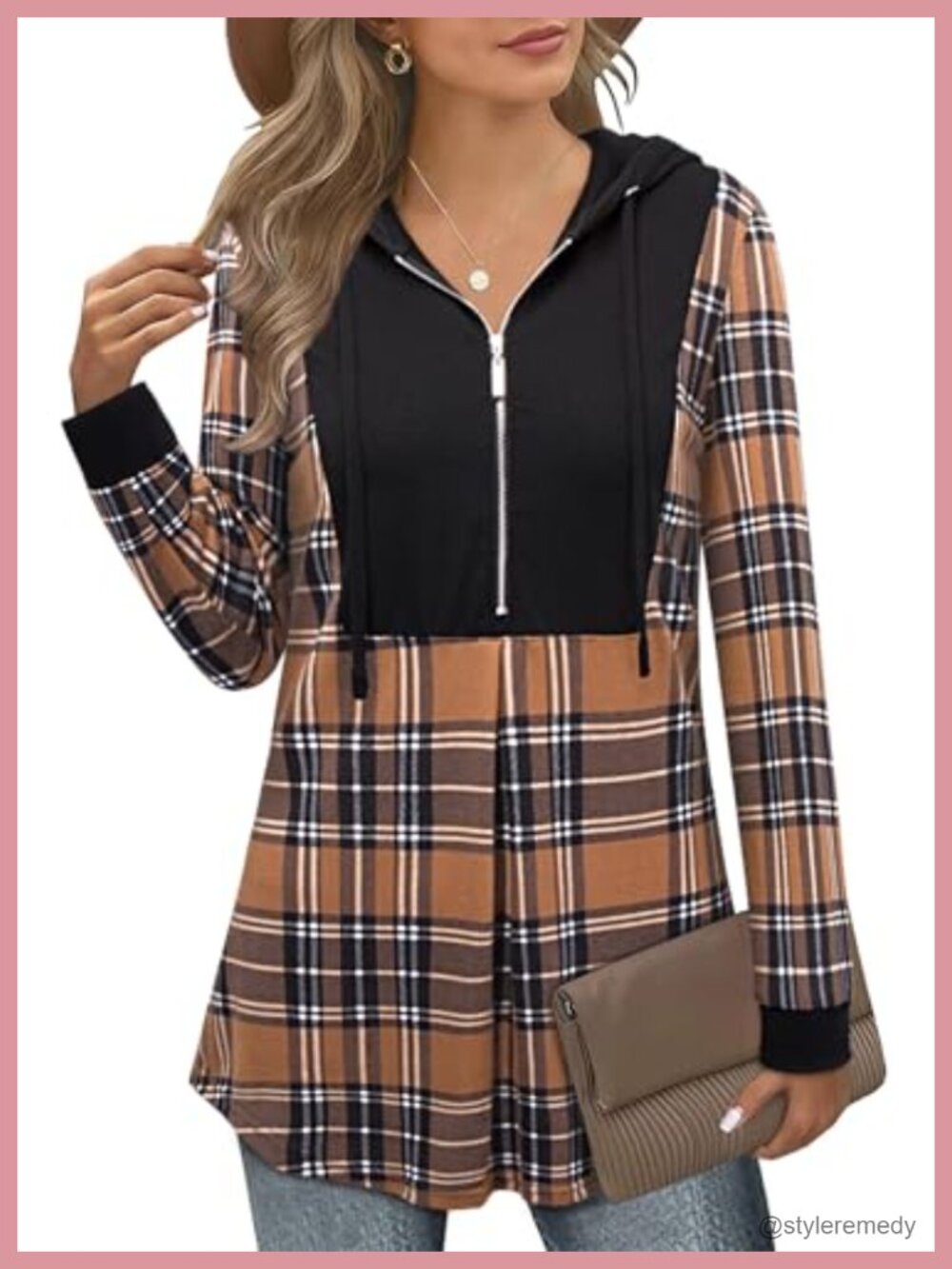 Women's Quarter Zip Hoodie Color Block Tunic Pullover Drawstring Sweatshirt